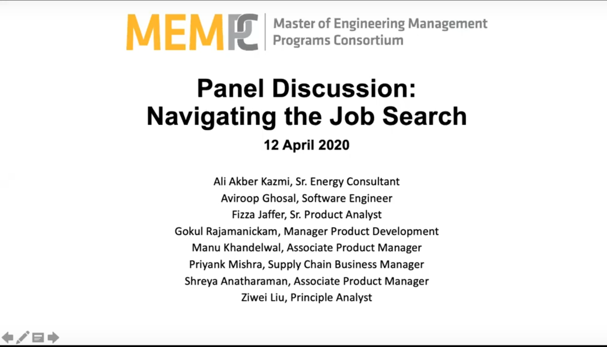 MEMPC Panel Discussion on Navigating the Job Search with Master of Engineering Management alumni from MEMPC programs